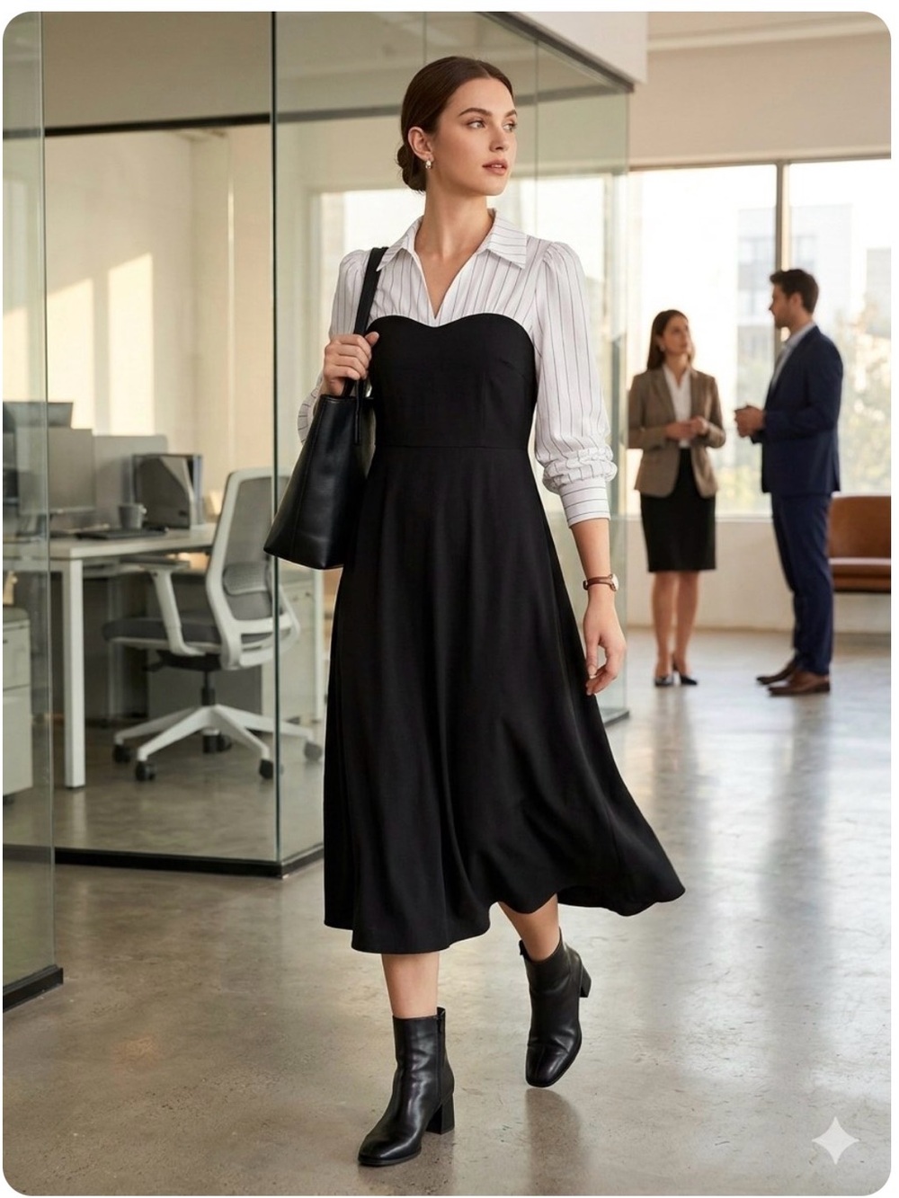 Classic Black Midi Dress with Sweetheart Bodice